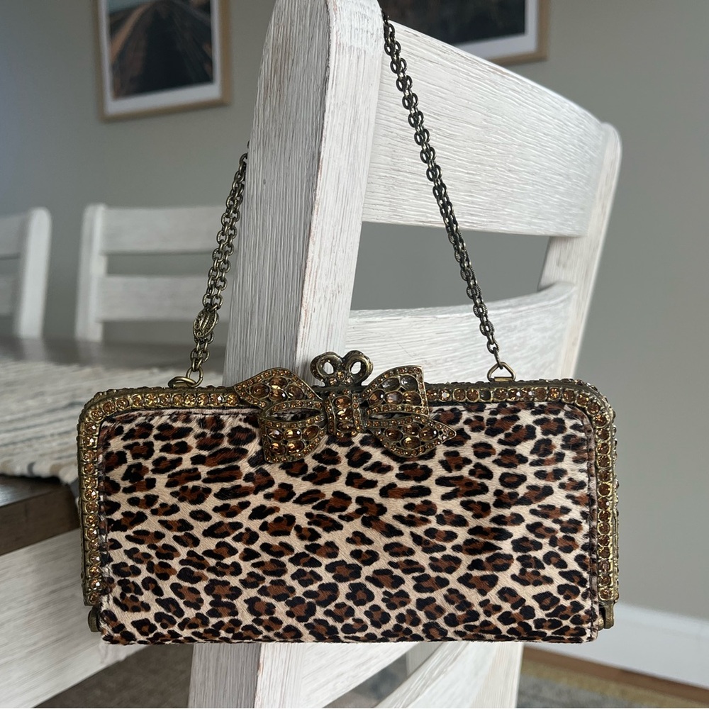 Clara Kasavina Vintage Handmade Cheetah Print Pony Hair Chain Clutch w/ Crystals